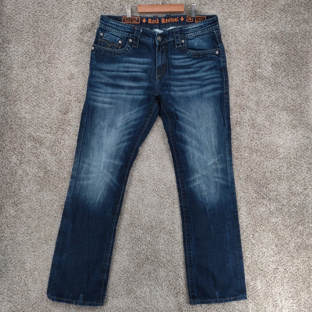 Rock Revival Jeans Men's 38x33 Curtis Straight Blue Distressed Denim